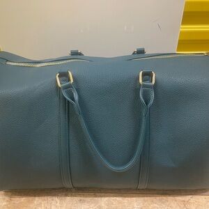Teal Leather Duffel Bag with Gold Accents